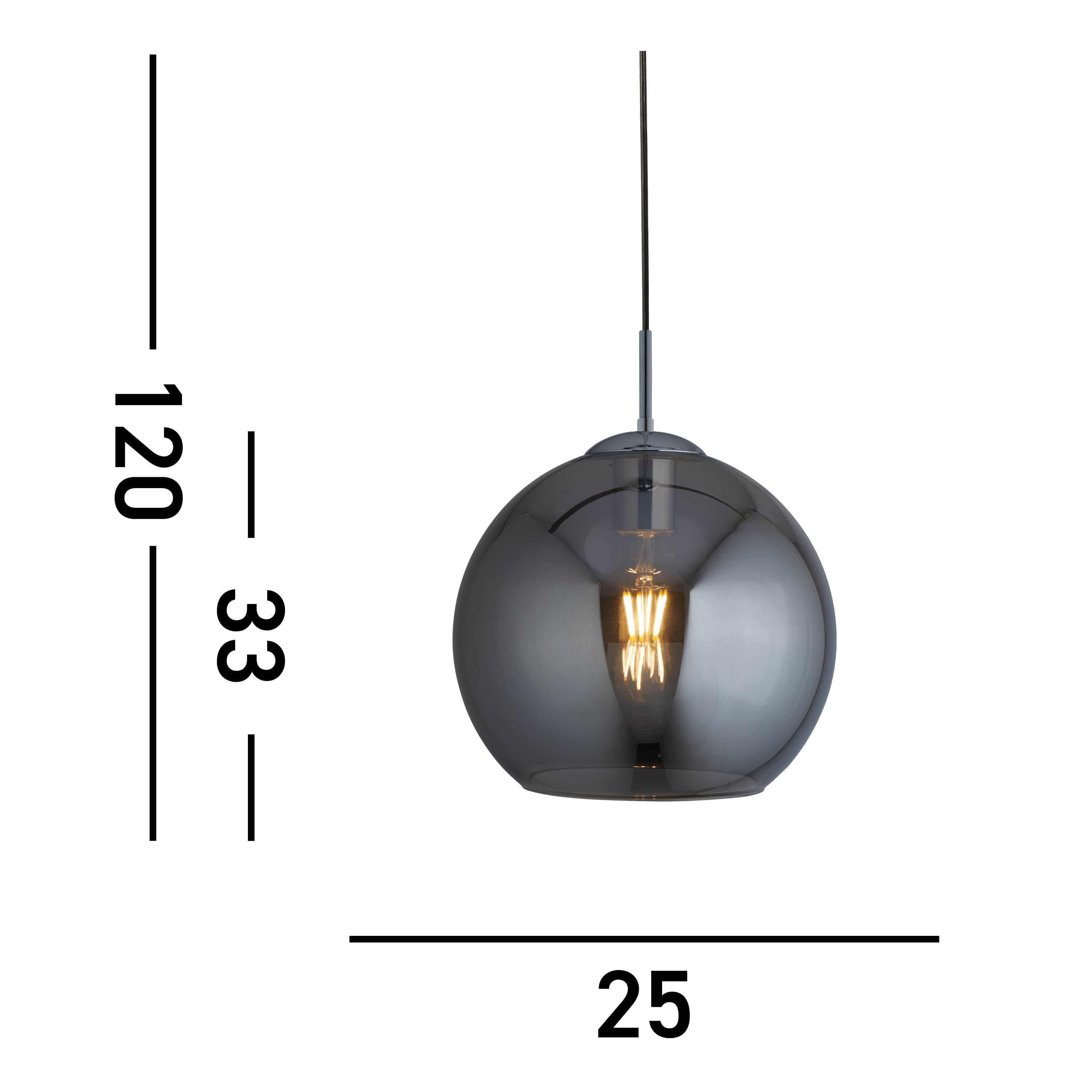 Diagram showing the dimensions of the pendant light in centimeters.
