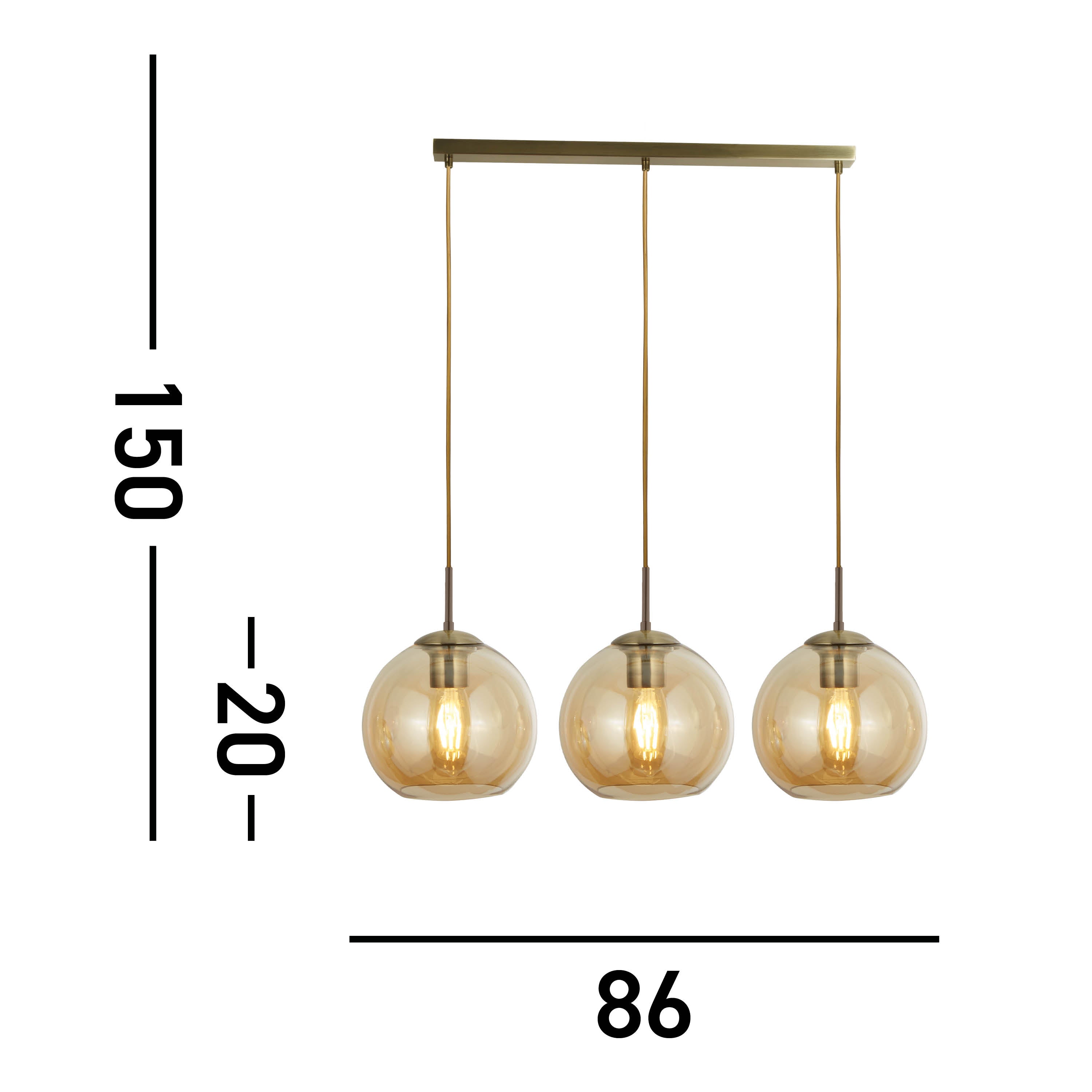 Dimensions of three amber glass globe pendant lights with a brass bar on a white background.