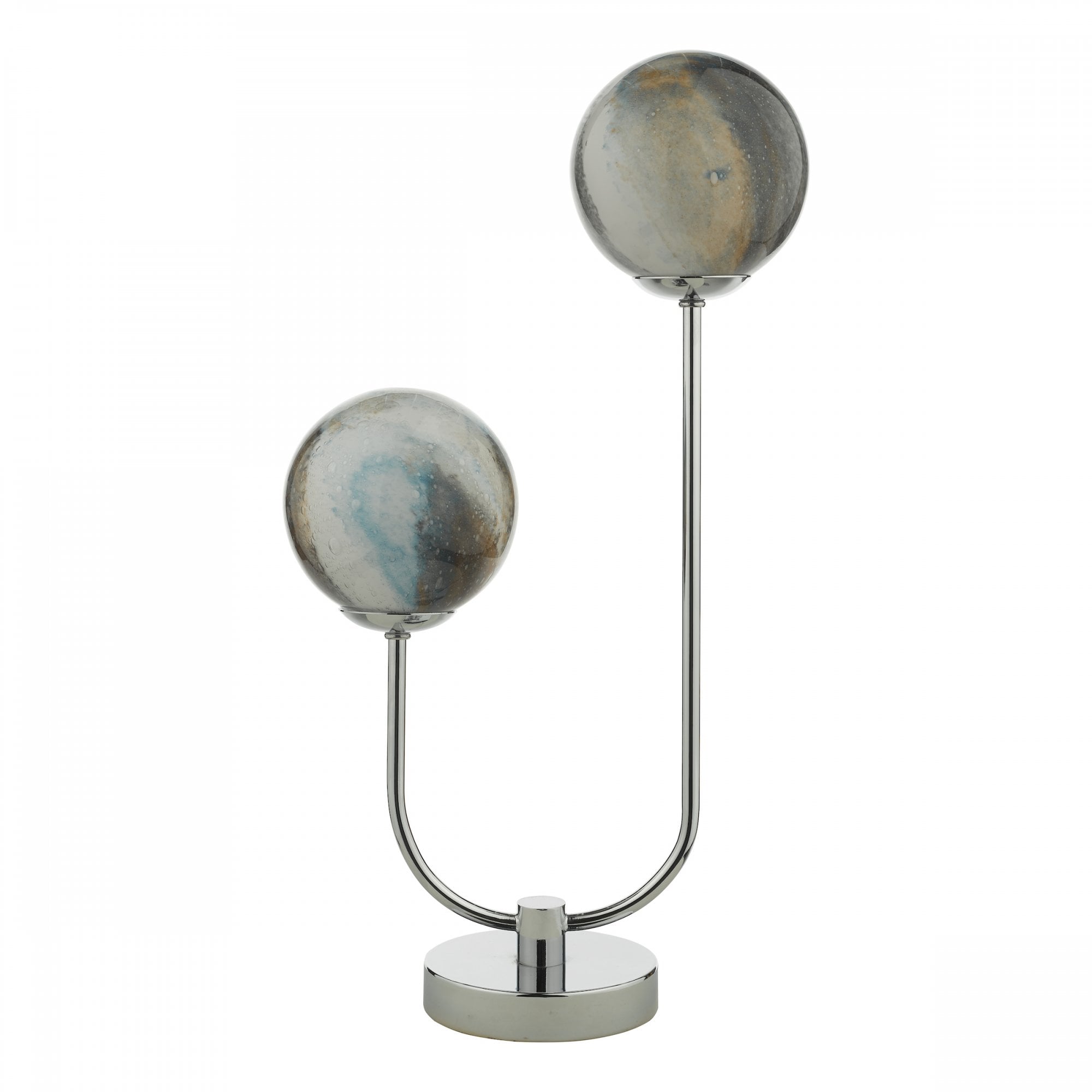 Table lamp with two spherical, patterned, cool-toned glass shades and a chrome base.
