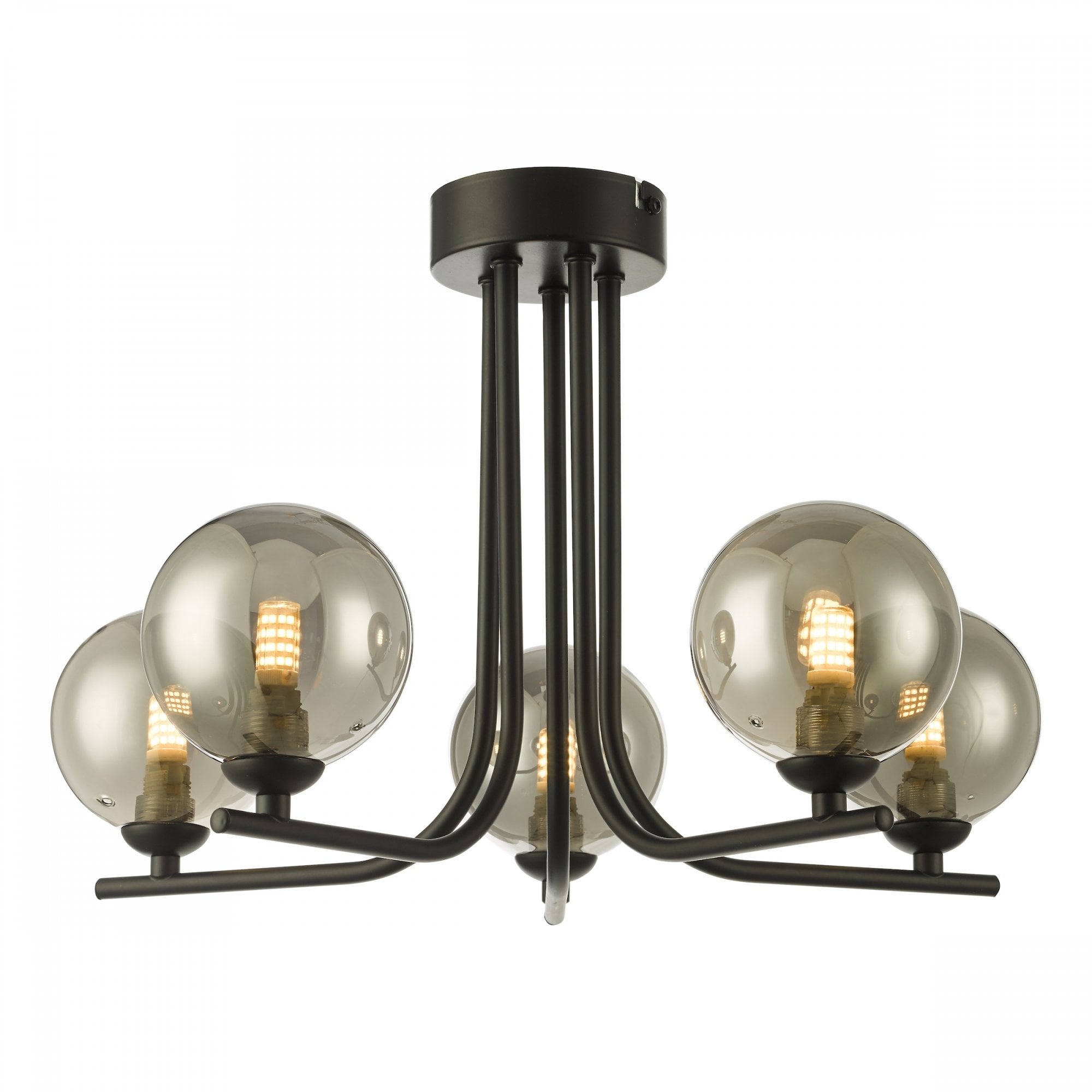 A black chandelier with five smoked glass orb lights, viewed from below on a white background.