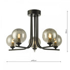A diagram of a black 5-light chandelier with smoked glass globes and dimensions of 40x28cm.