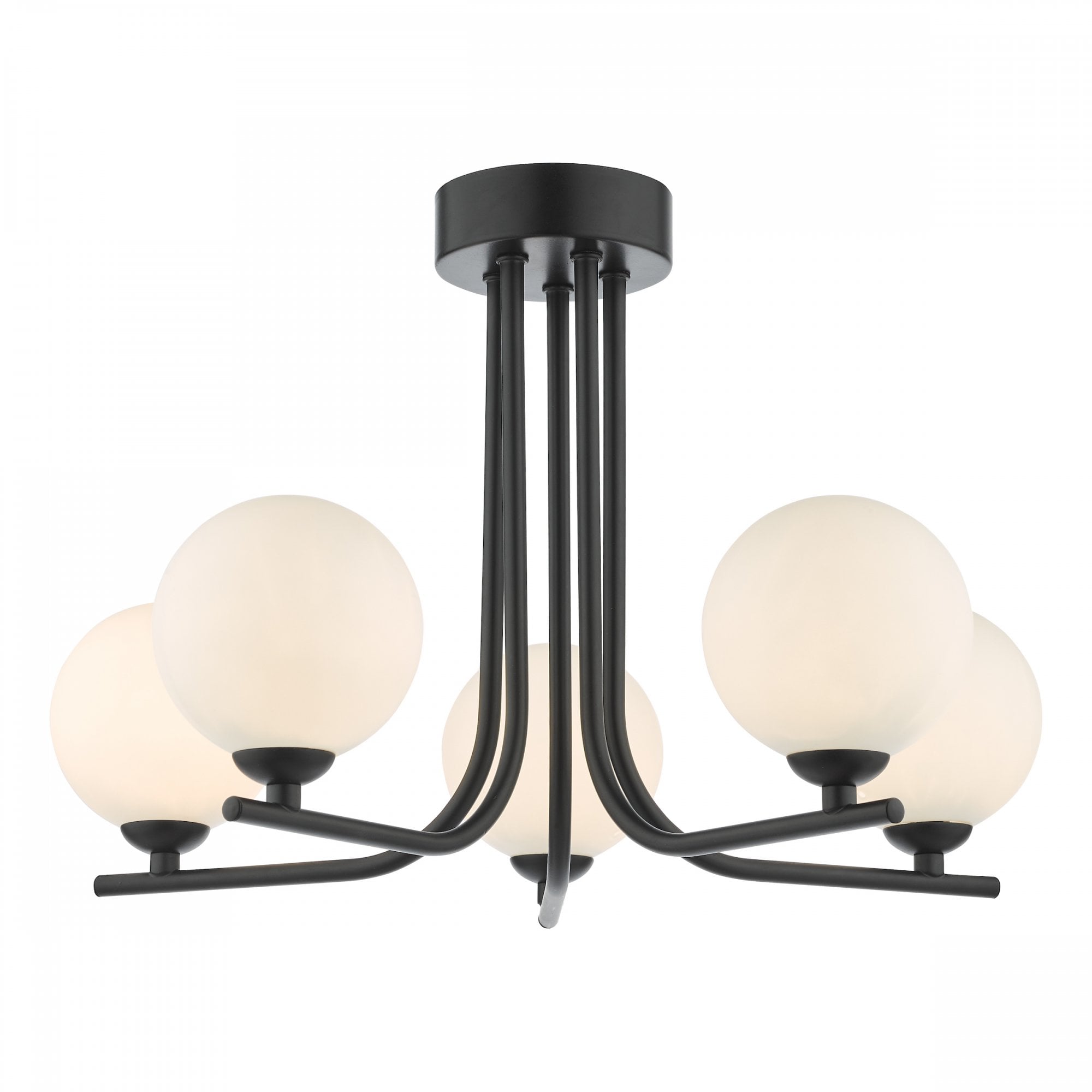 A black ceiling light with five spherical white glass shades on a white background.