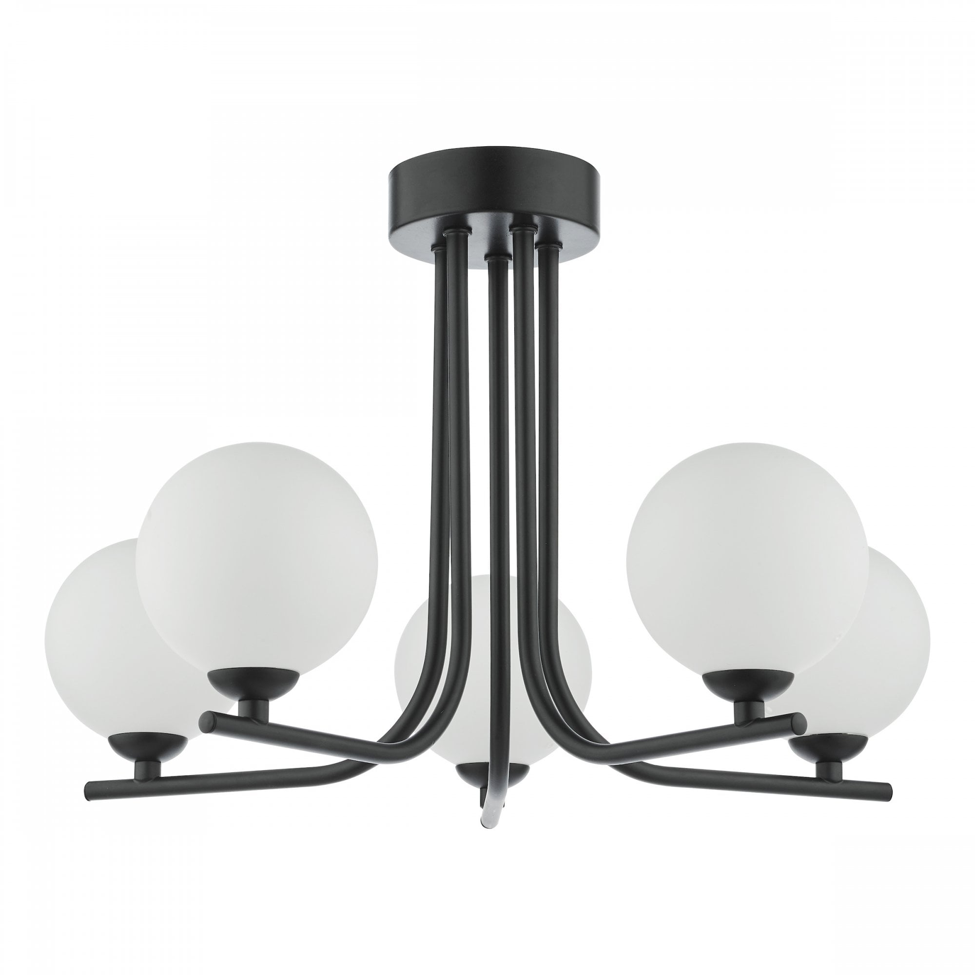 A black ceiling light with five spherical white glass shades on a white background.