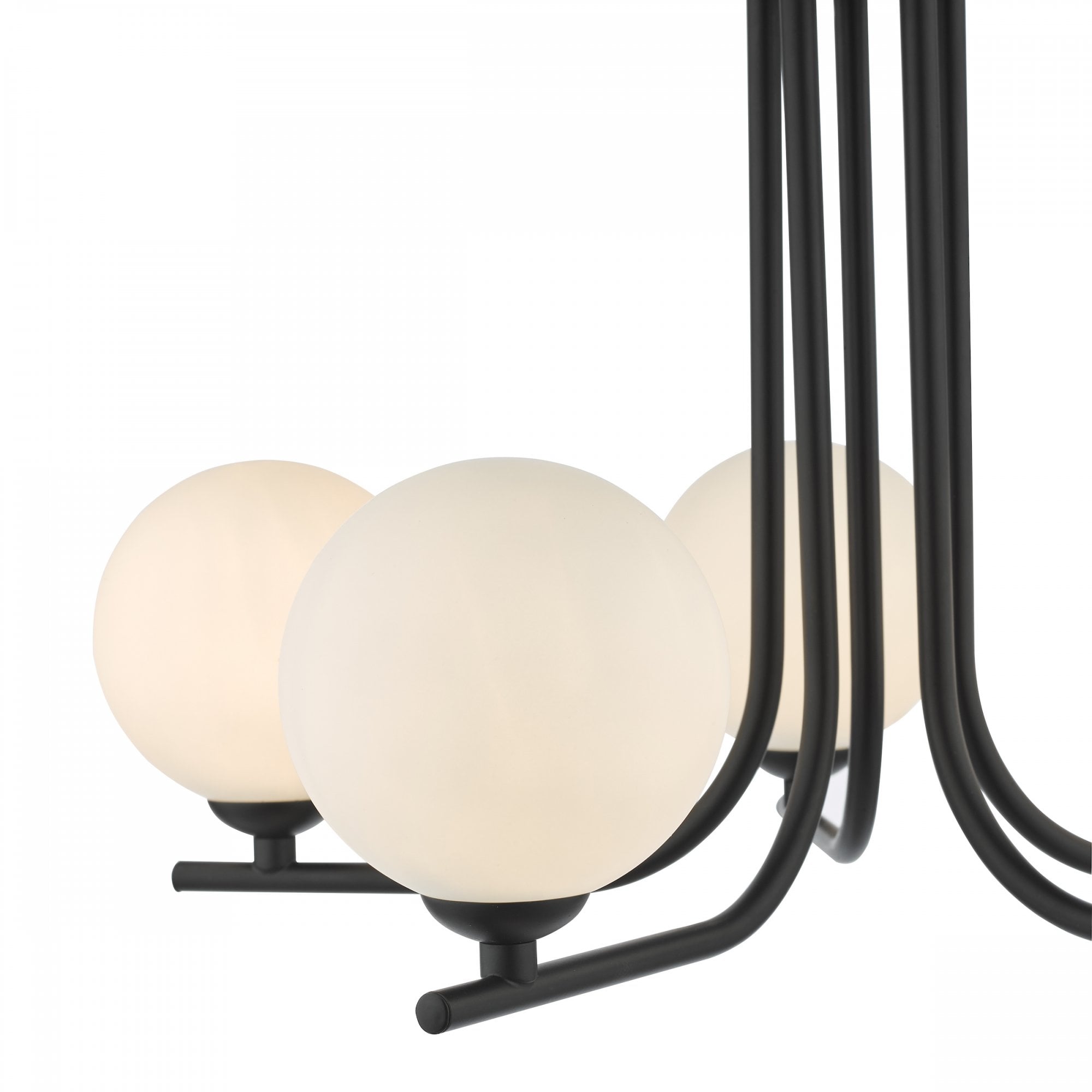 A close-up of a black ceiling light with white spherical shades on a white background.