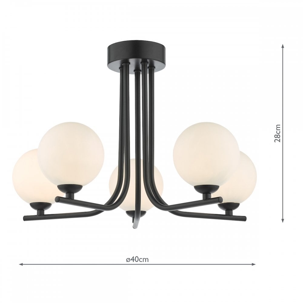 A diagram of a black ceiling light with five white spherical shades and dimensions.