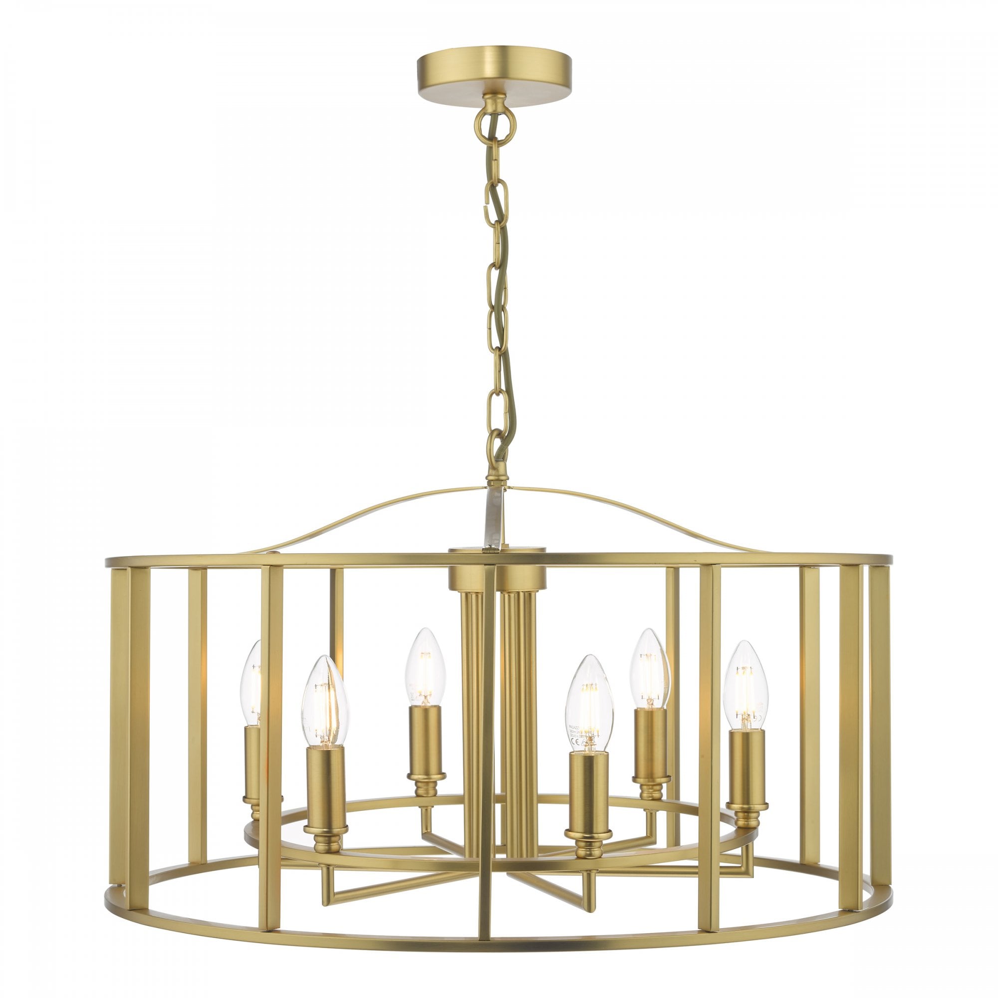 A brass chandelier with six exposed bulbs, encased in a stylish cylindrical cage design.
