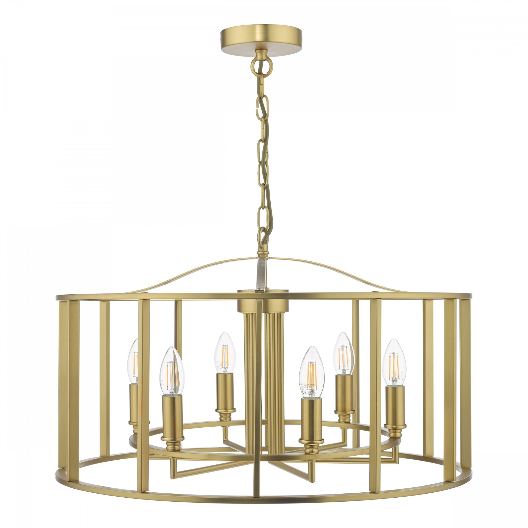 A brass chandelier with six exposed bulbs, encased in a stylish cylindrical cage design.