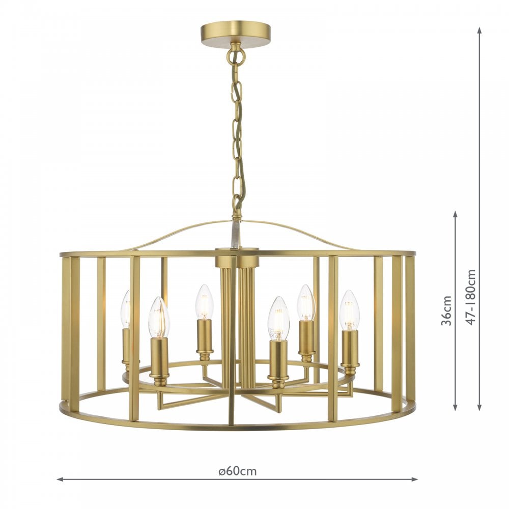 A brass chandelier with six exposed bulbs, encased in a stylish cylindrical cage design with dimensions.