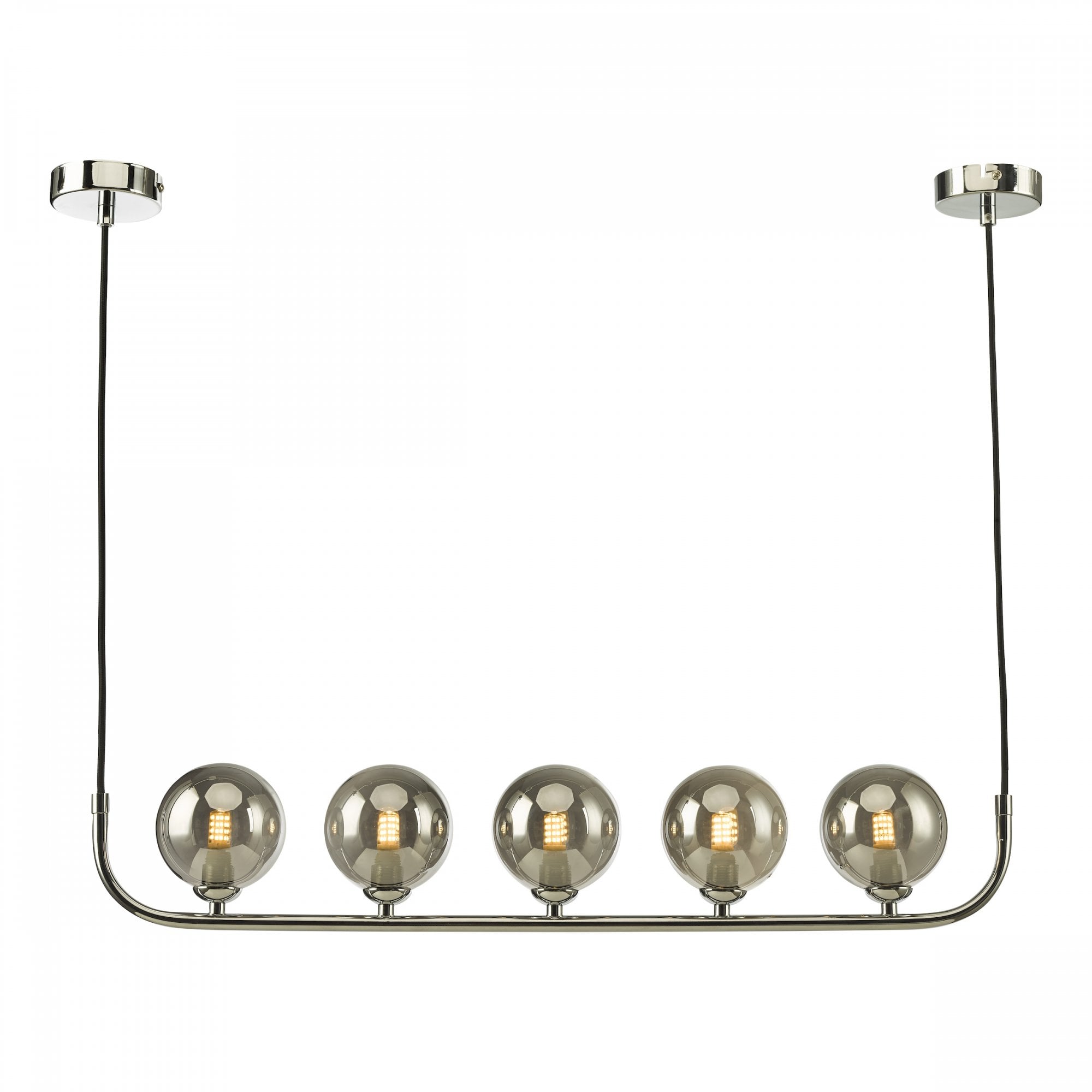 A linear pendant light with five smoky glass globes, providing a modern lighting solution.