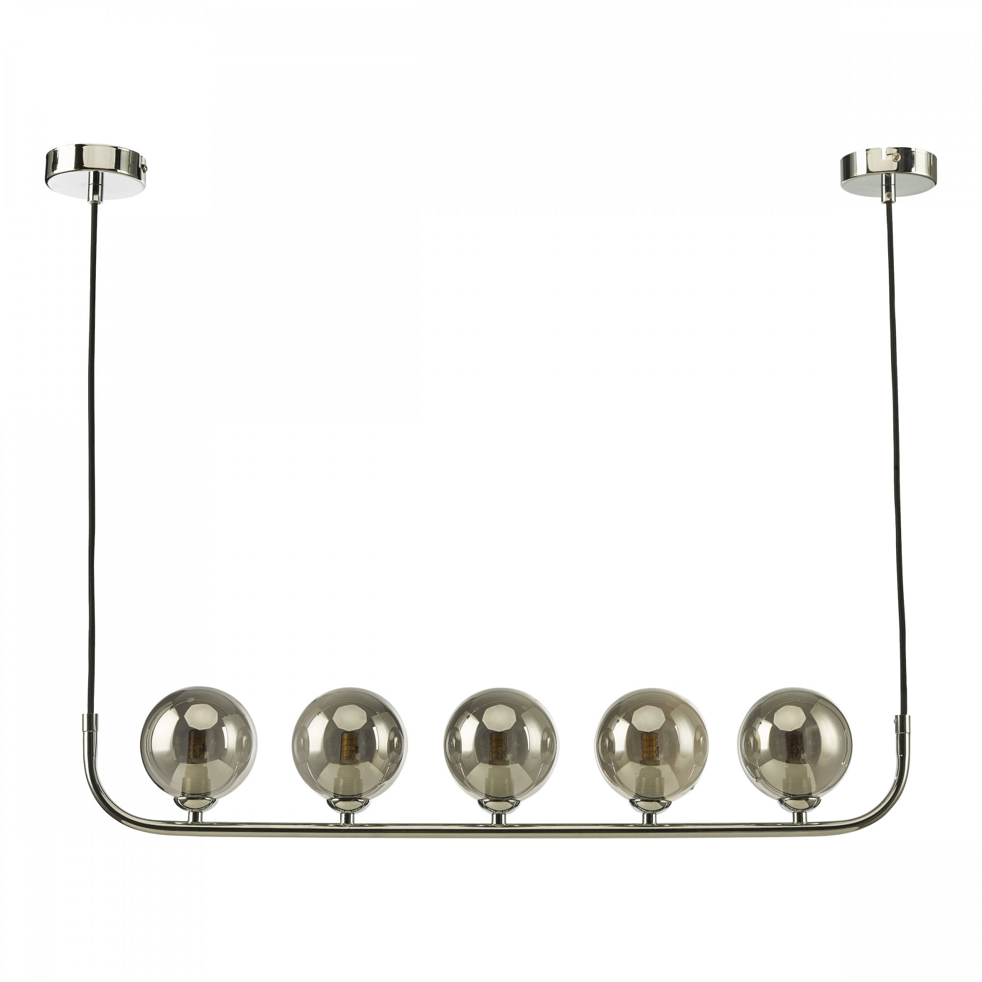 A contemporary linear pendant light featuring five reflective smoky glass globes.