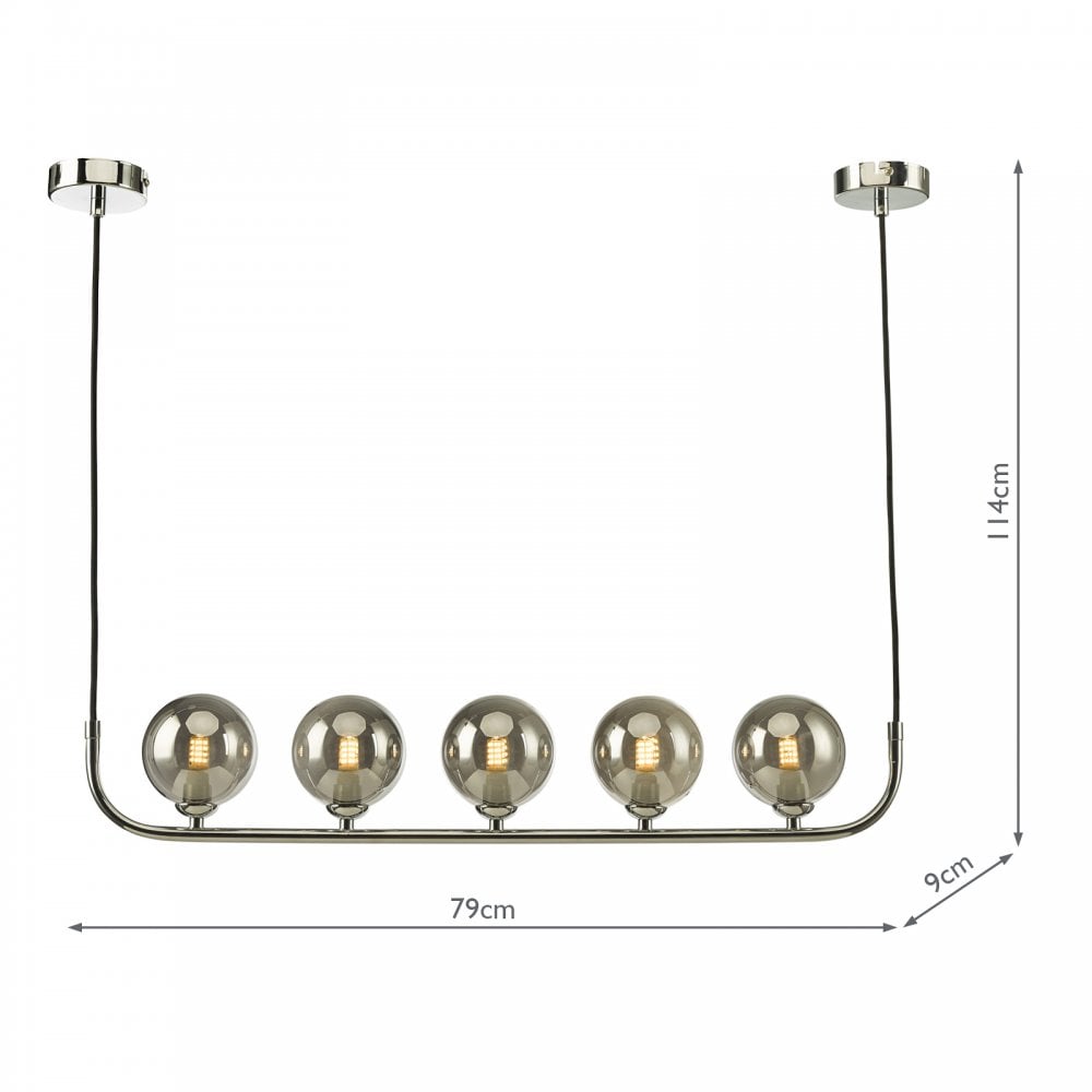 Linear pendant light with five smoky glass globes, showing dimensions of 114cm x 79cm x 9cm.