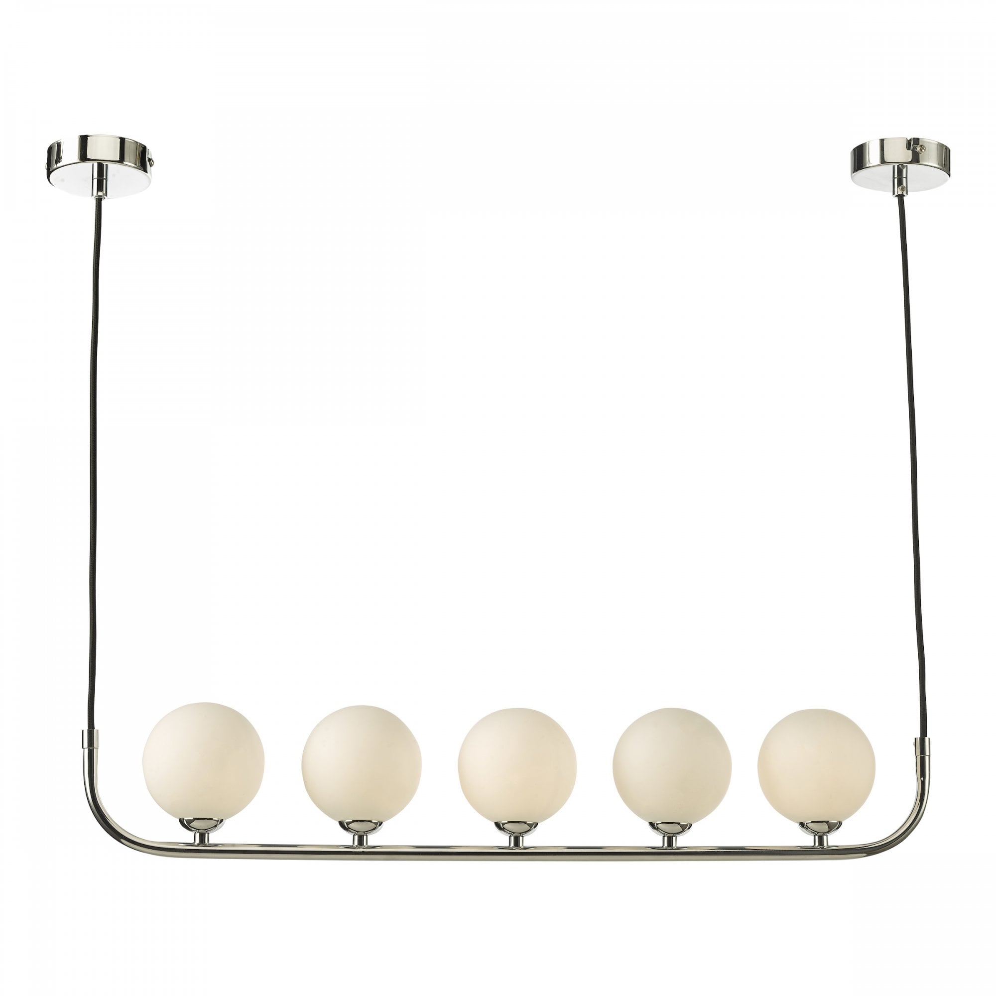 Five white spherical lights are suspended from a chrome bar in this modern ceiling fixture.