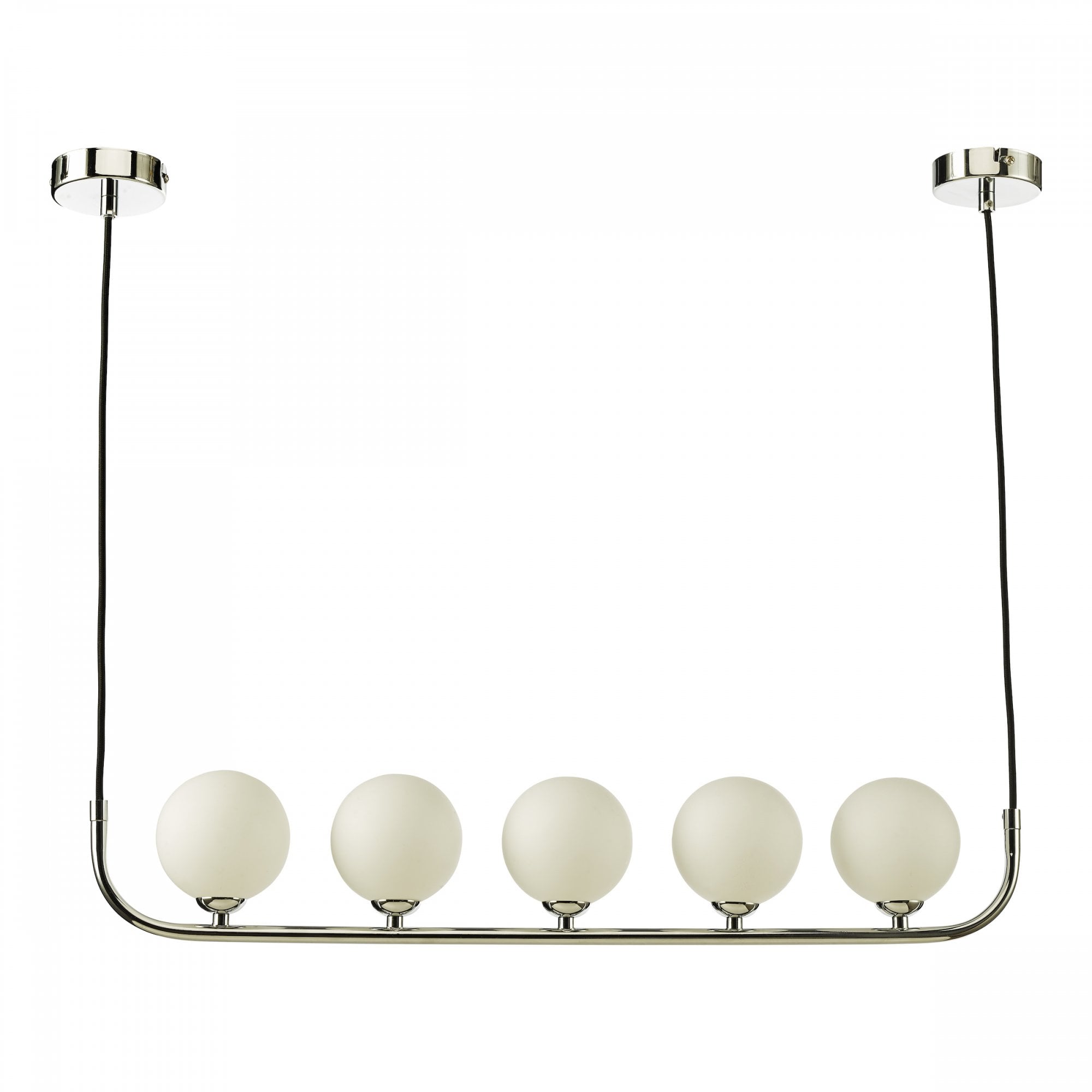 A modern chrome ceiling light with five white globe shades, perfect for contemporary homes.