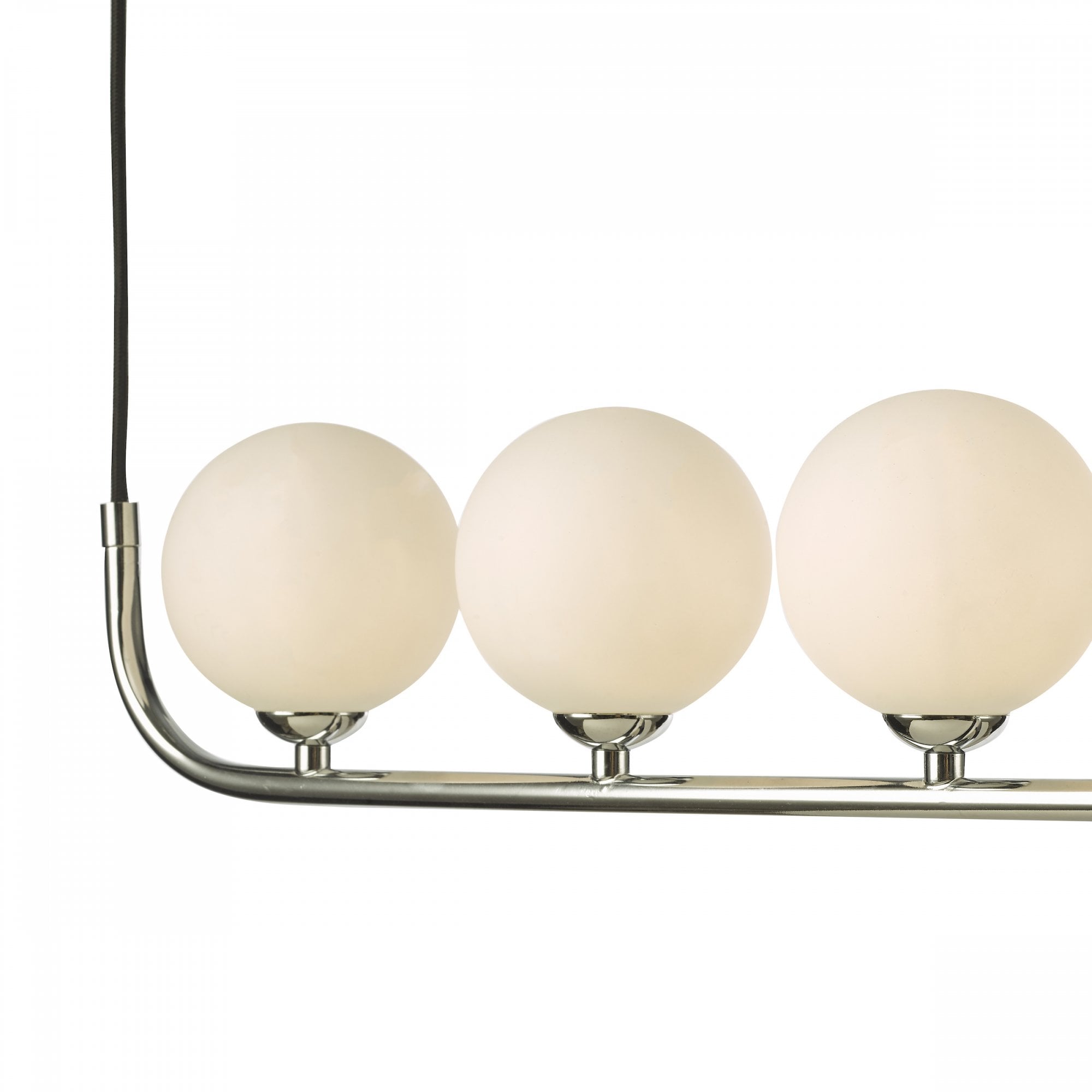 Close-up of three white globe shades on a chrome bar, part of a modern ceiling light.
