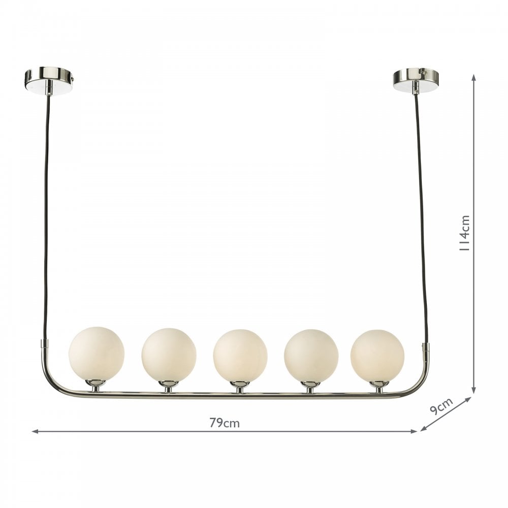 A diagram showing the dimensions of a five-light chrome ceiling fixture with globe shades.