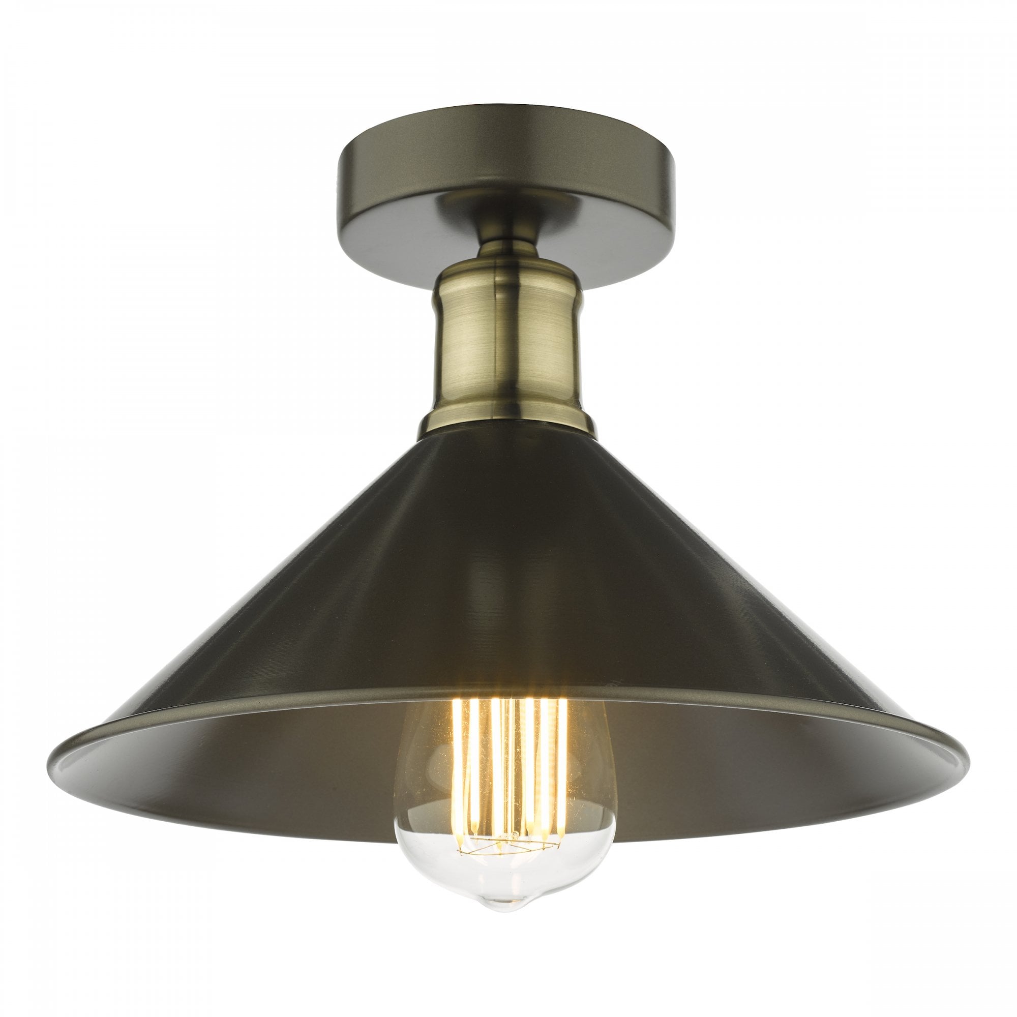 Industrial-style flush mount ceiling light with a black shade and brass accents.