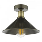 A black industrial-style flush mount ceiling light with a vintage bulb.