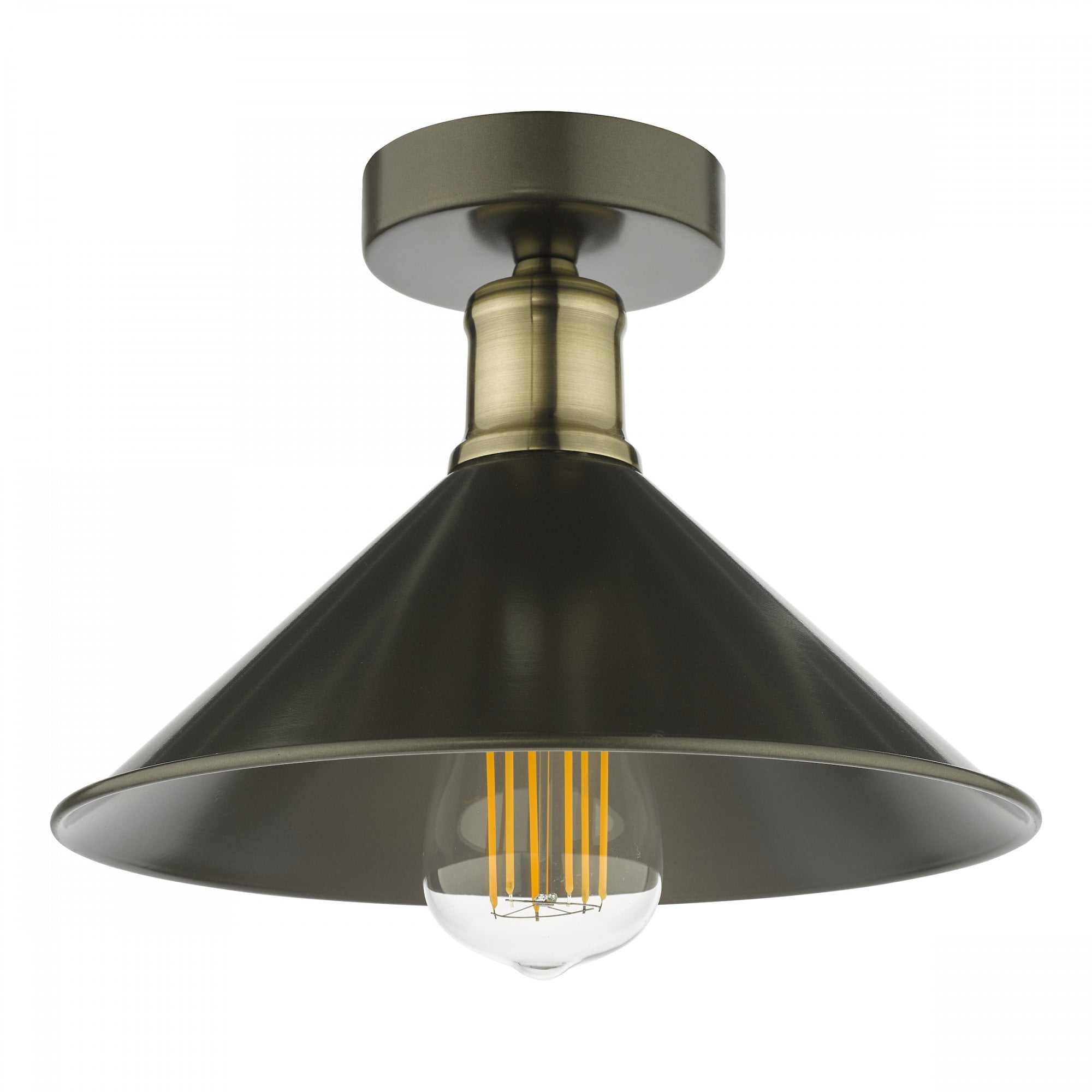 A black industrial-style flush mount ceiling light with a vintage bulb.