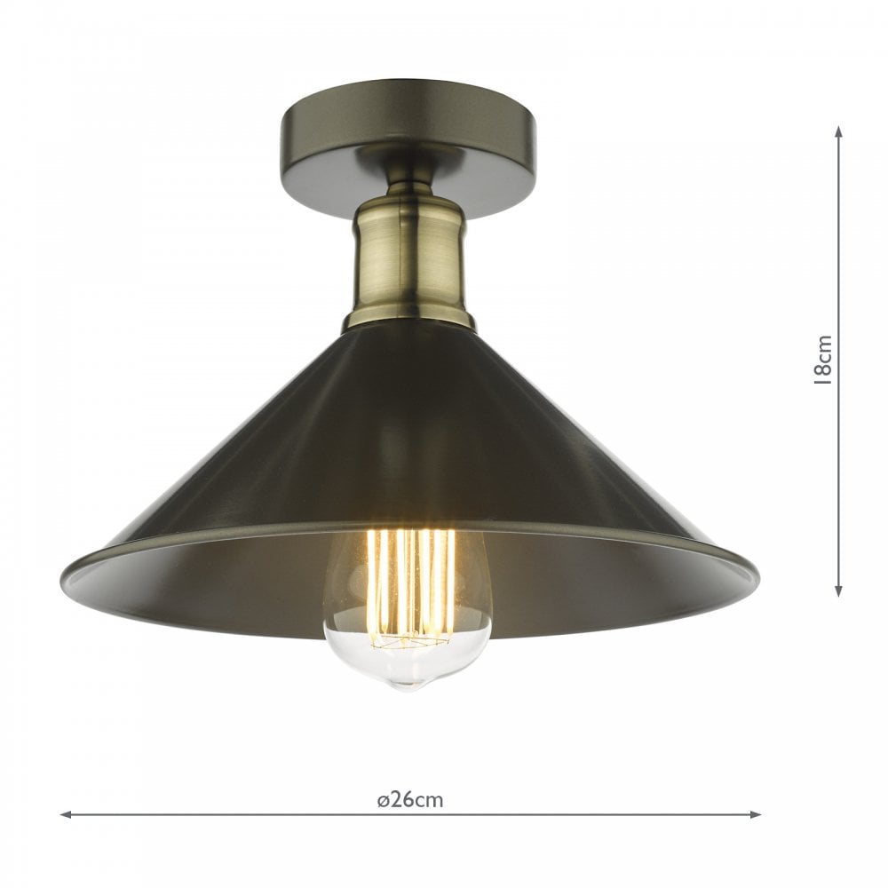 Dimensions for the black industrial flush mount light, 18cm high and 26cm wide.