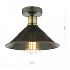 Dimensions for the black industrial flush mount light, 18cm high and 26cm wide.