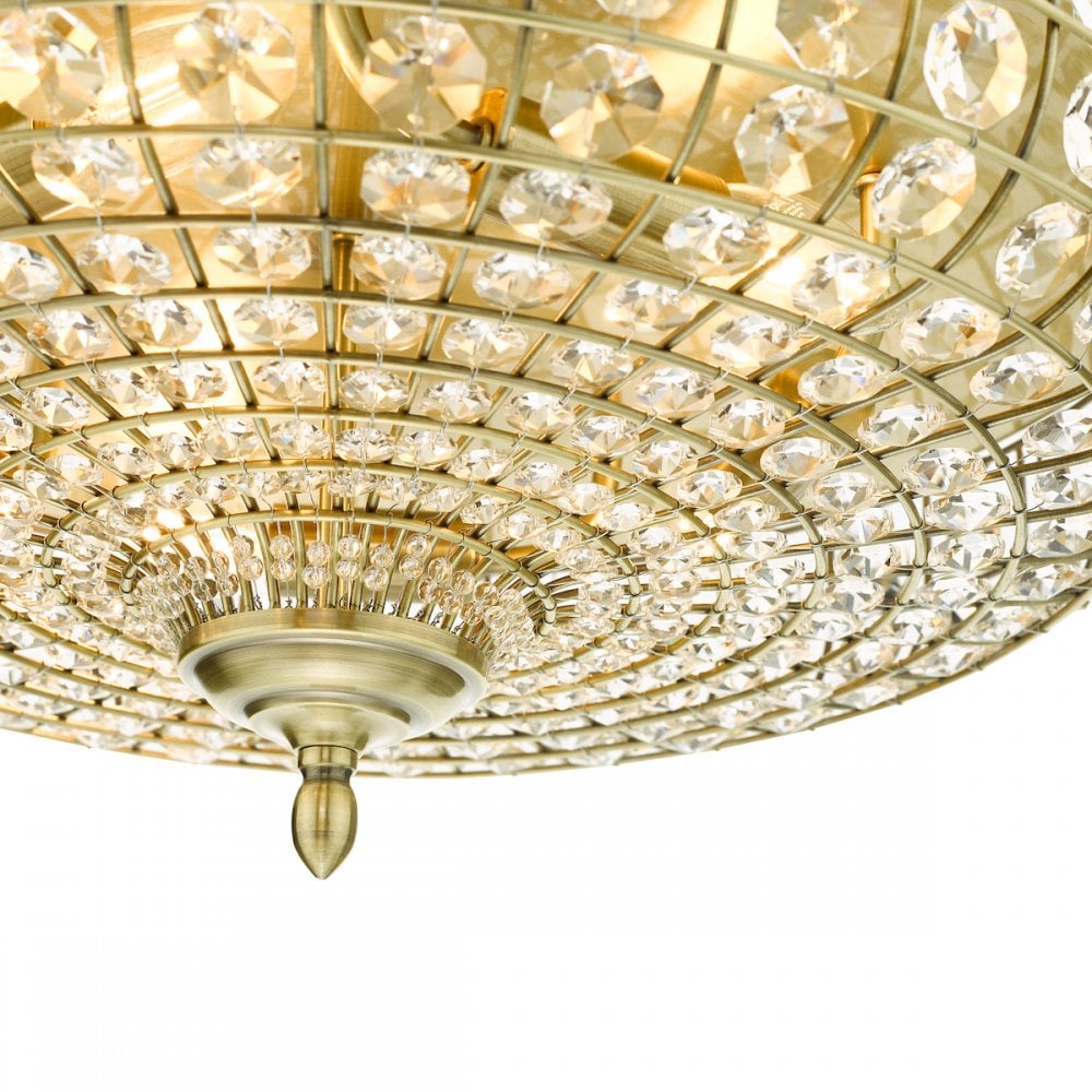 A close-up of a crystal flush mount light fixture.