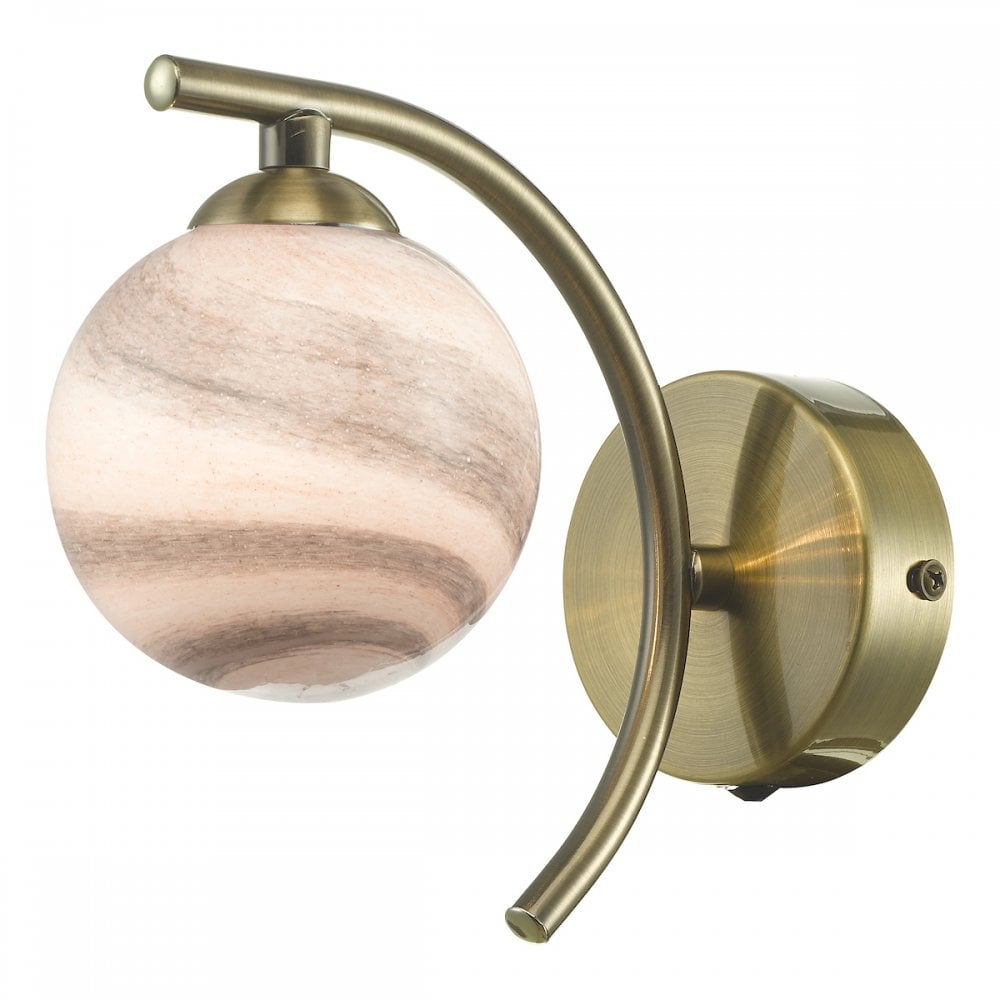 A brass wall light with a marbled globe shade, perfect for ambient lighting.