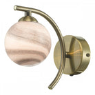 A brass wall light with a marbled globe shade, perfect for ambient lighting.