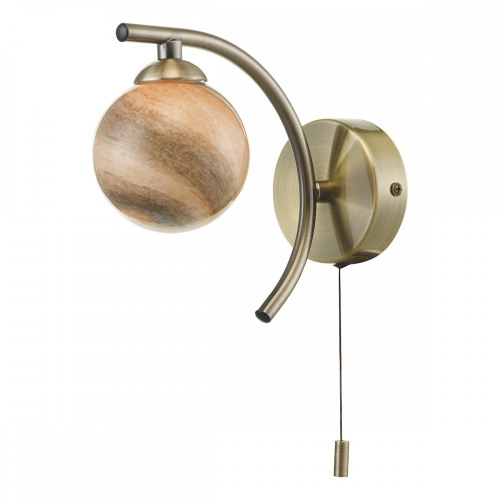 A brass wall light with a marbled globe shade and a pull cord, viewed from an angle.