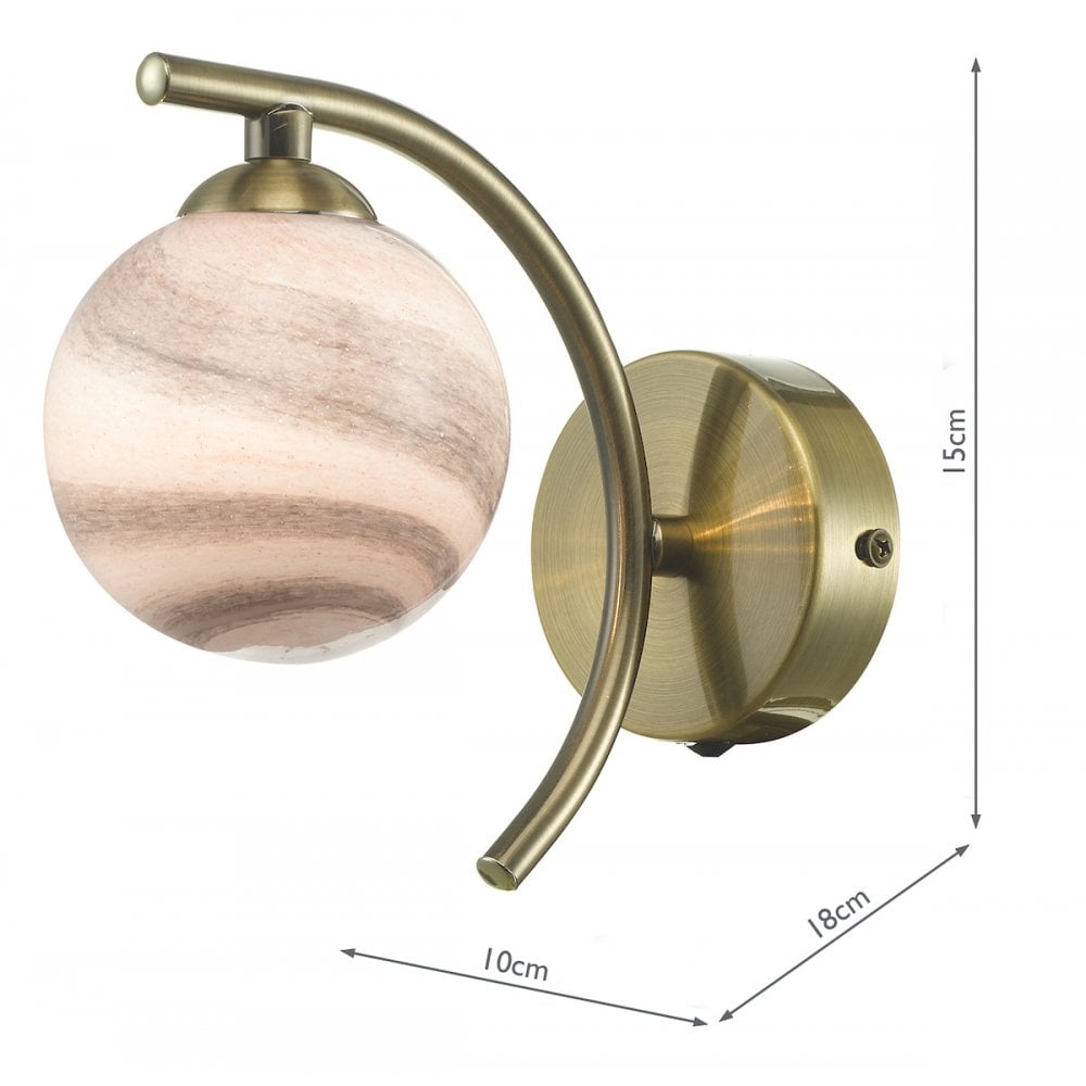 A brass wall light with a marbled globe shade, showing its dimensions.