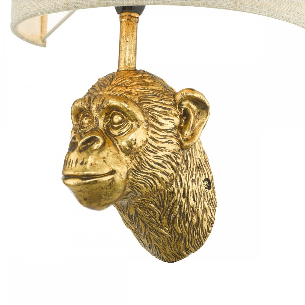 Close-up of a golden monkey head wall light from the side.