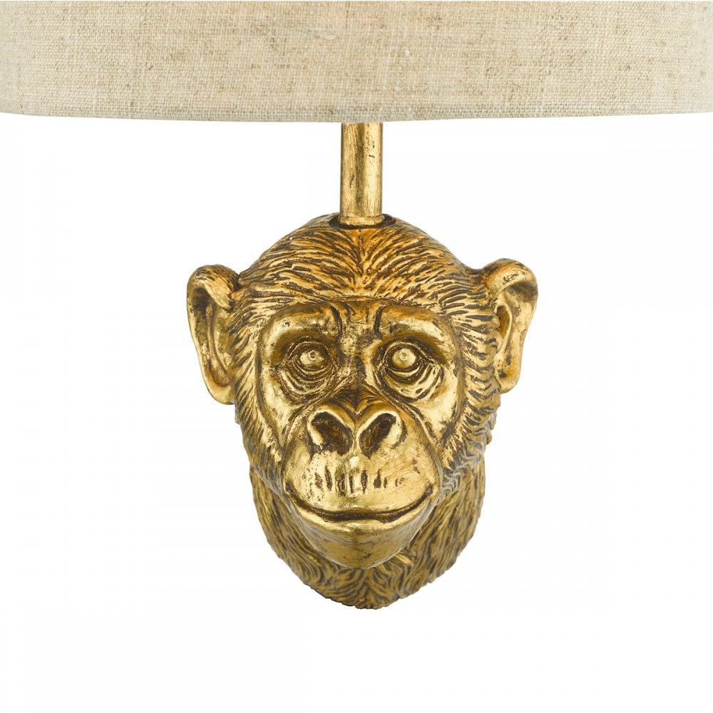Close-up of the front of a golden monkey head wall light.