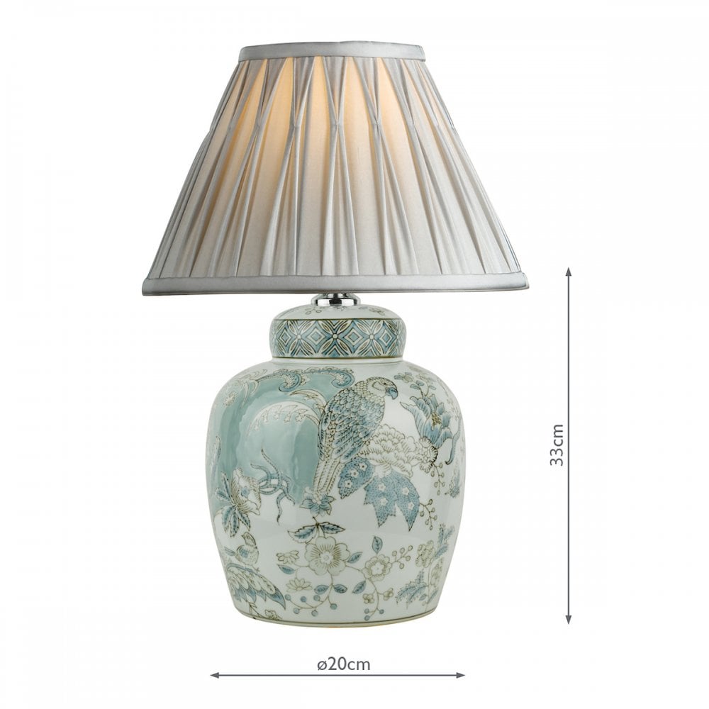 A decorative ginger jar lamp base with a blue pleated lamp shade and dimensions.
