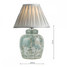 A decorative ginger jar lamp base with a blue pleated lamp shade and dimensions.