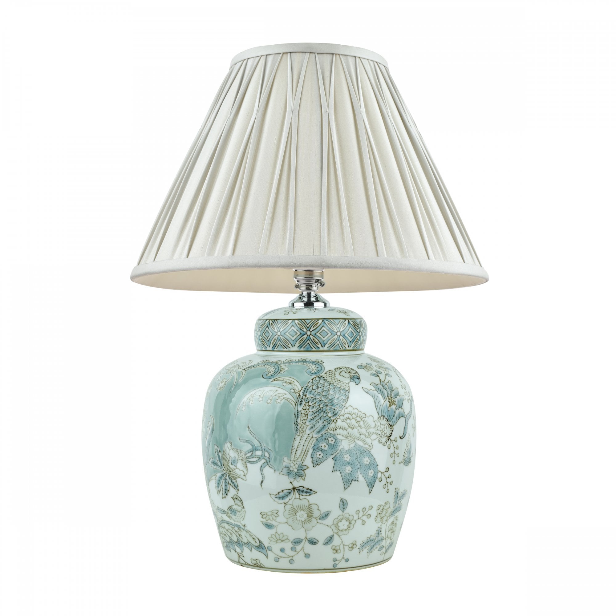 A decorative ginger jar lamp base with a cream pleated lamp shade.