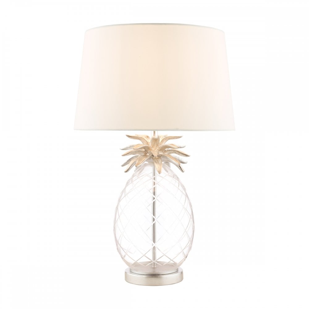 A pineapple-shaped table lamp with a white shade on a white background.