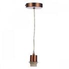 Copper-colored pendant light fixture with a white cord and bulb holder on a white background.