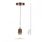 Dimensions of the copper-colored pendant light fixture, showing height and diameter.
