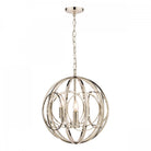 Polished nickel sphere pendant light with three bulbs against a white background.