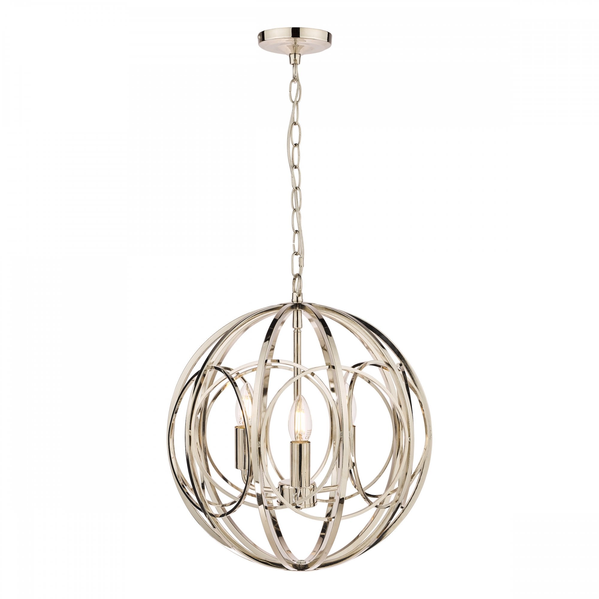 Polished nickel sphere pendant light with three bulbs against a white background.