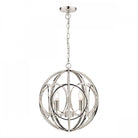 Polished nickel sphere pendant light with two visible bulbs against a white background.
