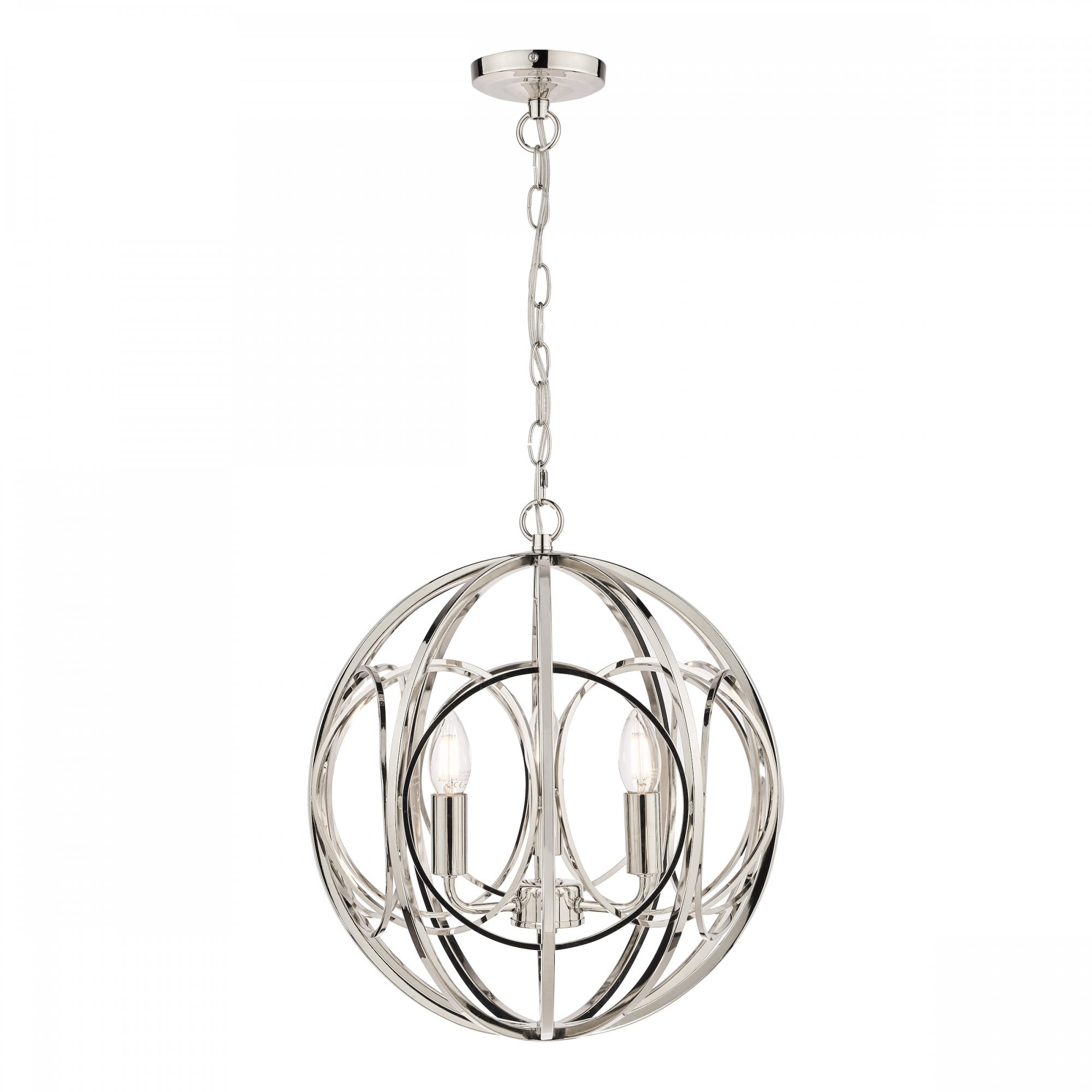 Polished nickel sphere pendant light with two visible bulbs against a white background.