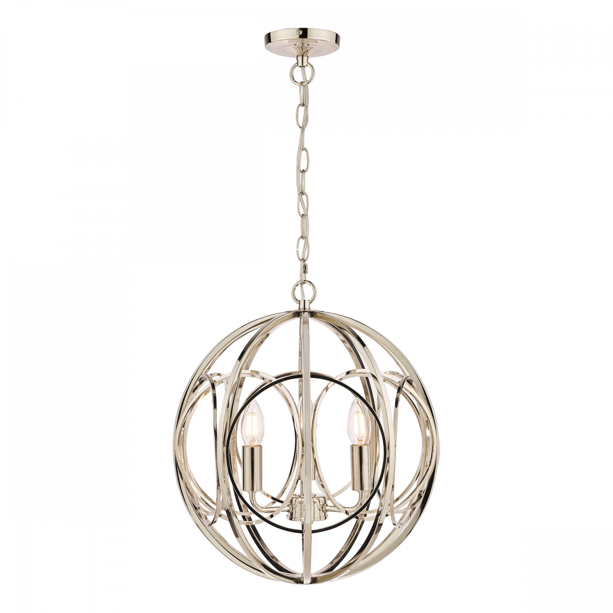 Polished nickel sphere pendant light with two visible bulbs, providing elegant illumination.
