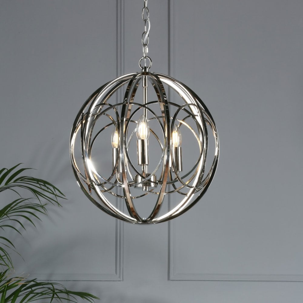 Polished nickel sphere pendant light with three bulbs, a stylish indoor lighting fixture.