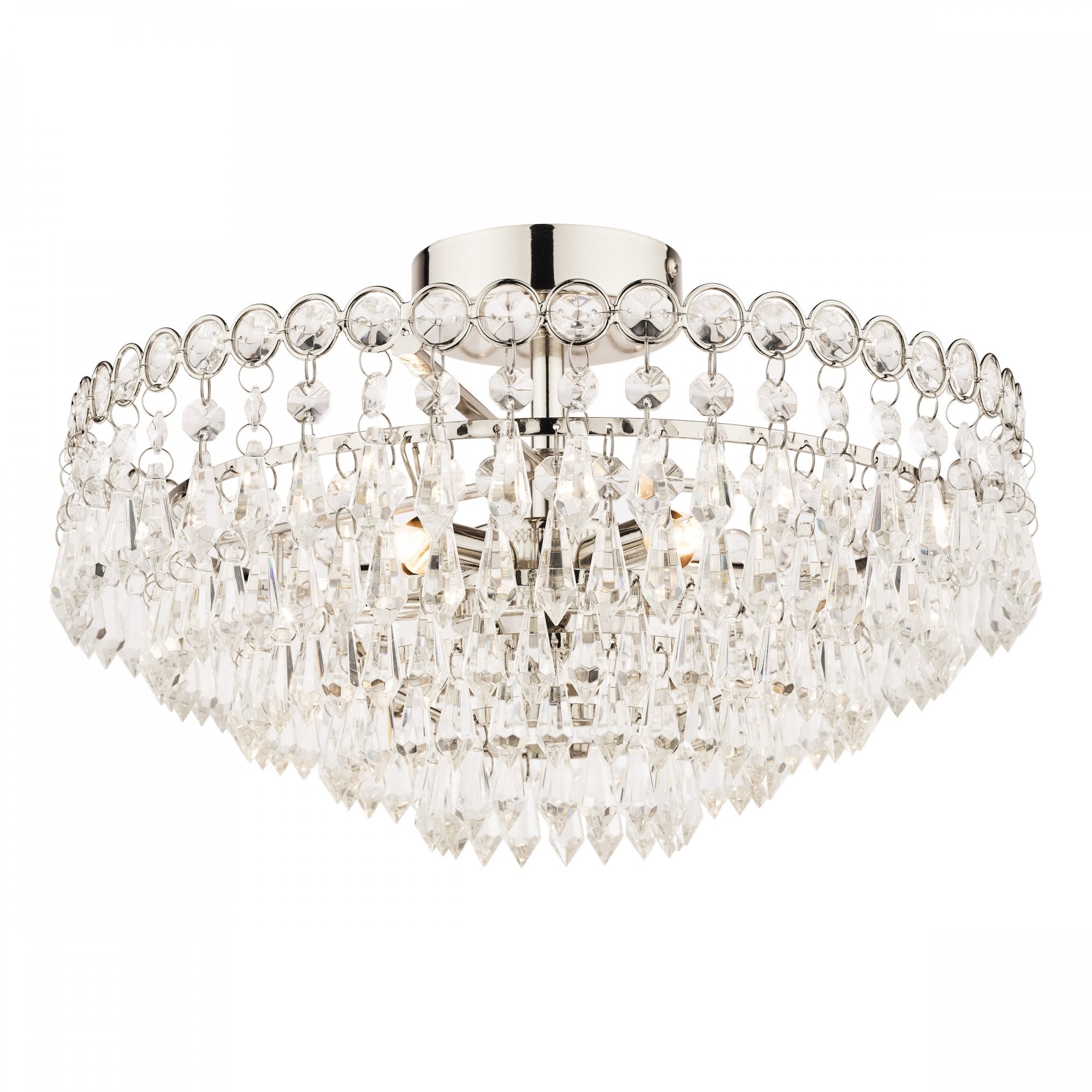 A close-up view of a crystal chandelier, showcasing its intricate design.
