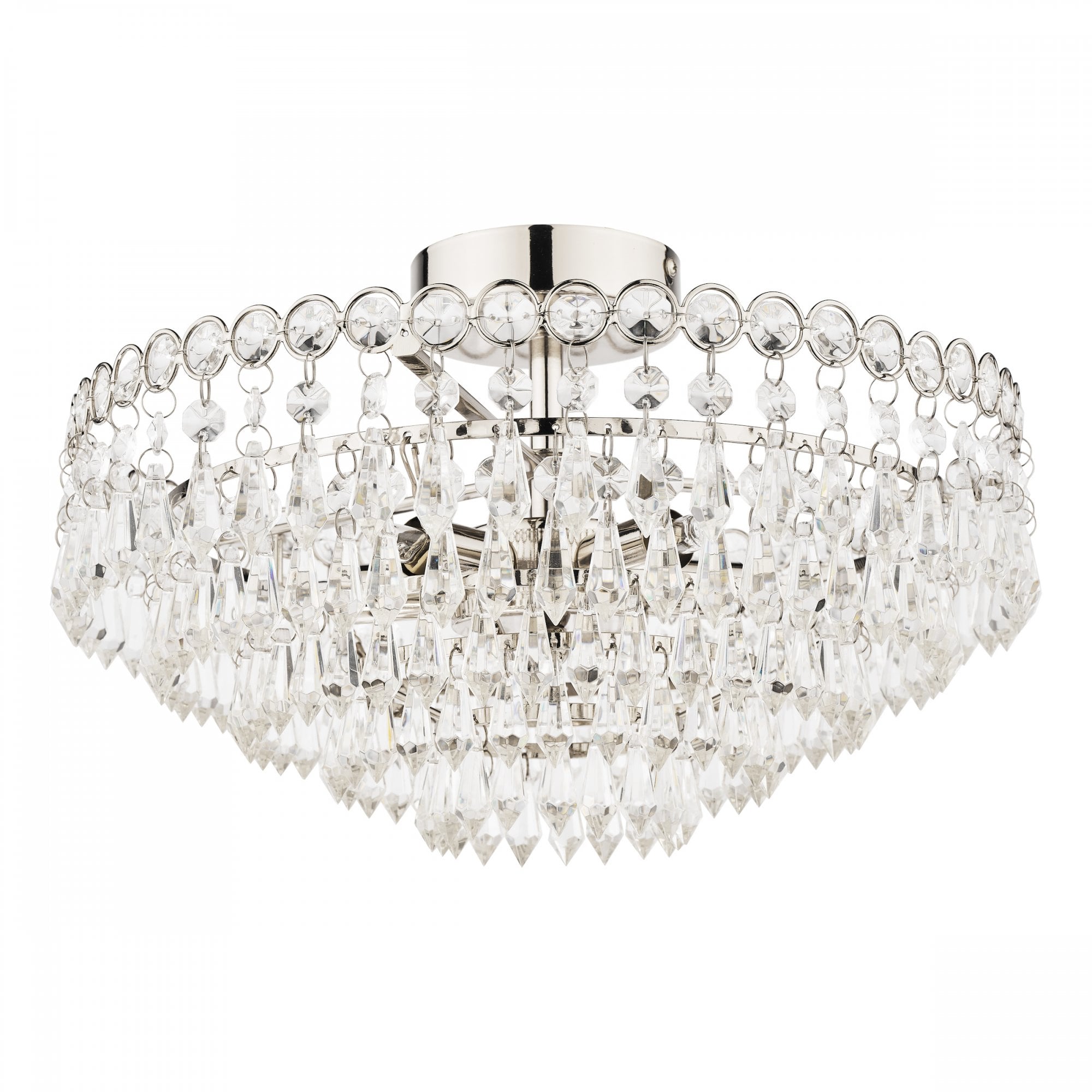 A close-up view of a crystal chandelier, showcasing its intricate design.