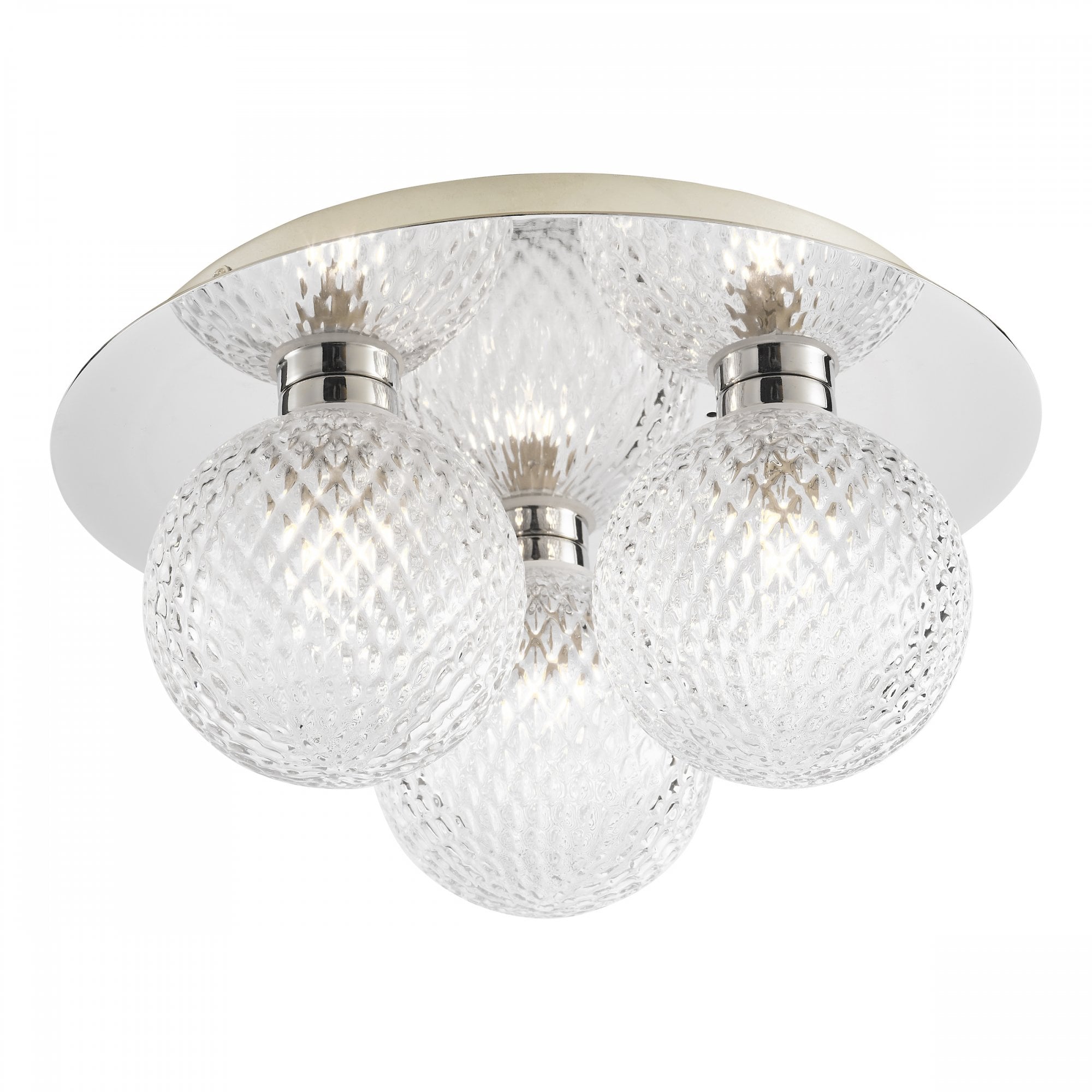 A ceiling light with three textured glass orb shades and a polished chrome base, unlit on a white background.