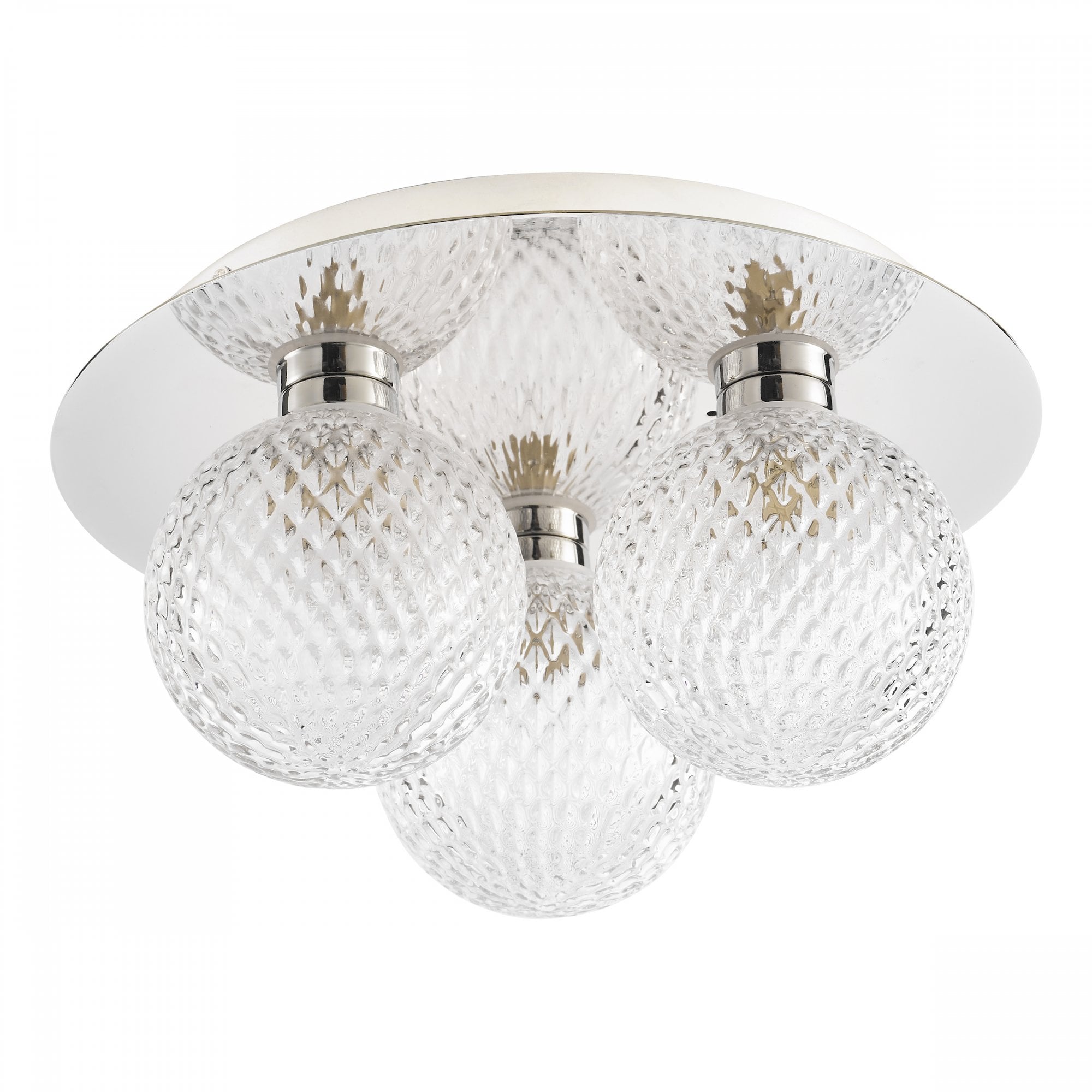 A ceiling light with three textured glass orb shades and a polished chrome base, lit on a white background.