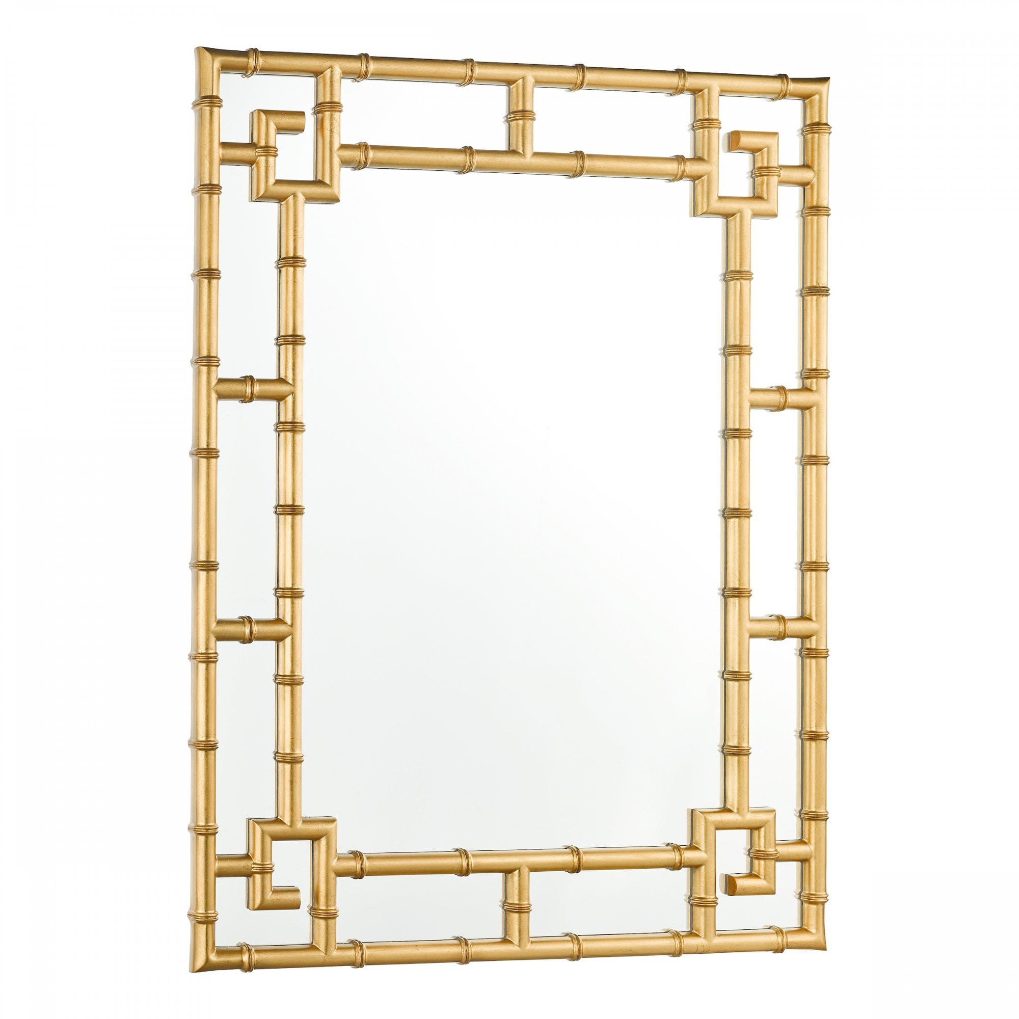 Rectangular gold bamboo framed mirror on a white background.