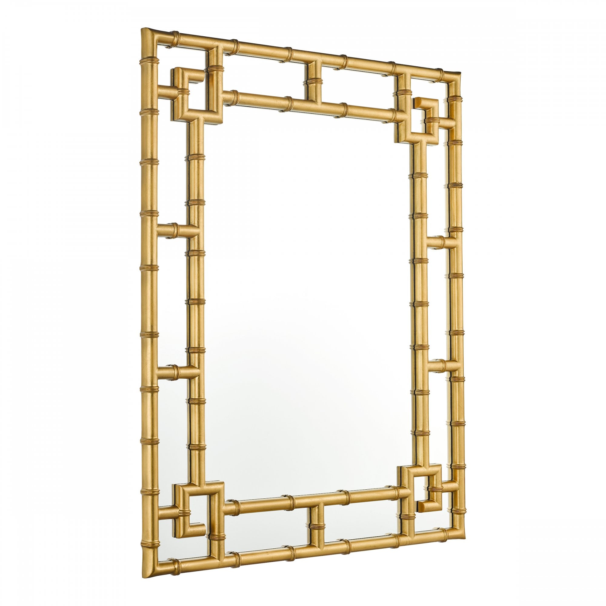 Angled view of a rectangular gold bamboo framed mirror.