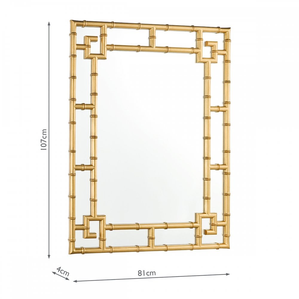 Gold bamboo framed mirror with dimensions of 107cm height, 81cm width, and 4cm depth.